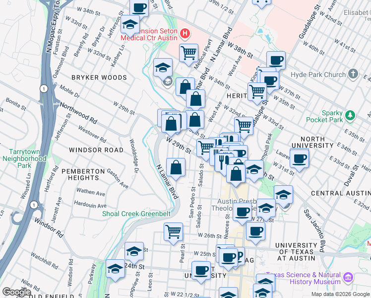 map of restaurants, bars, coffee shops, grocery stores, and more near W 29th St & Pearl St in Austin