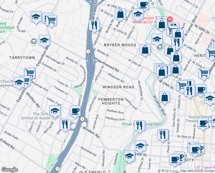 map of restaurants, bars, coffee shops, grocery stores, and more near 1510 Gaston Avenue in Austin