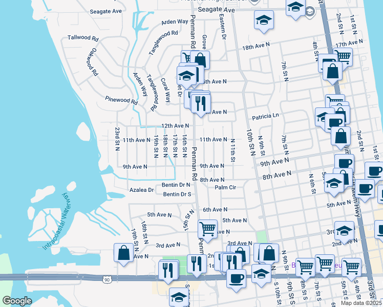map of restaurants, bars, coffee shops, grocery stores, and more near 1038 Penman Road in Jacksonville Beach