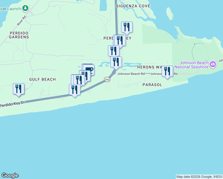 map of restaurants, bars, coffee shops, grocery stores, and more near 13597 Perdido Key Drive in Pensacola