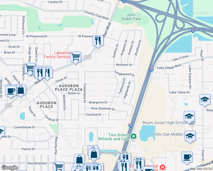 map of restaurants, bars, coffee shops, grocery stores, and more near 423 Candlewood Drive in Slidell