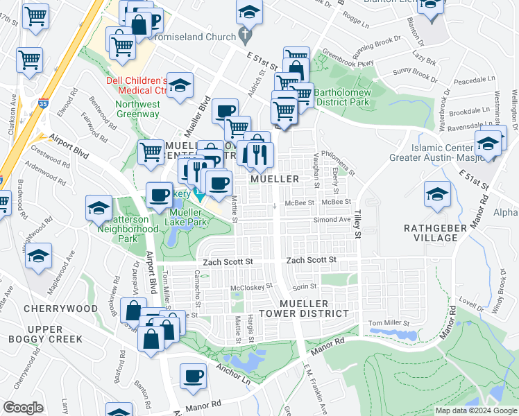 map of restaurants, bars, coffee shops, grocery stores, and more near 2109 McBee Street in Austin