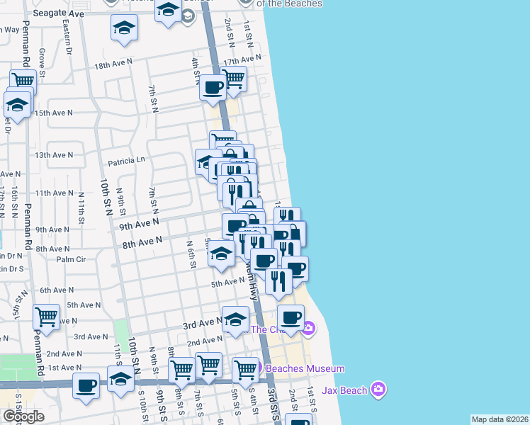 map of restaurants, bars, coffee shops, grocery stores, and more near 109 8th Avenue North in Jacksonville Beach