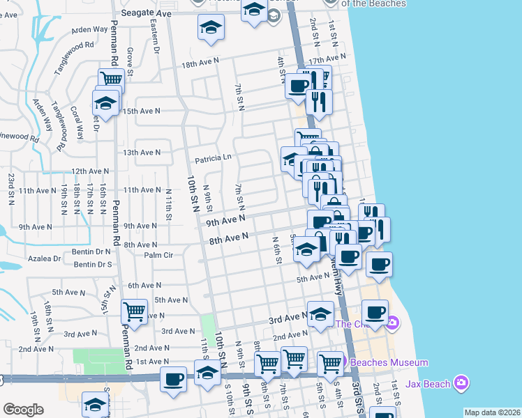 map of restaurants, bars, coffee shops, grocery stores, and more near 548 Barbara Lane in Jacksonville Beach