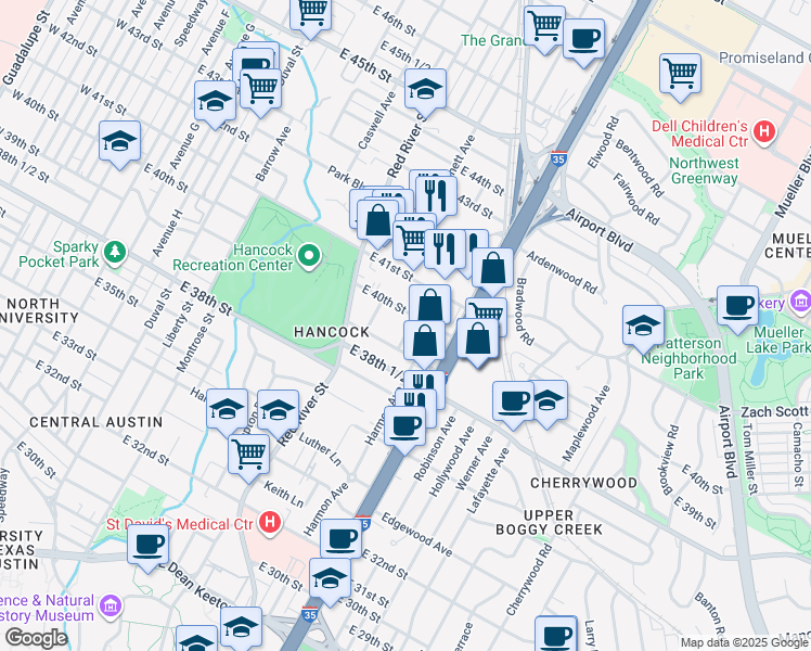 map of restaurants, bars, coffee shops, grocery stores, and more near 3910 Willbert Road in Austin