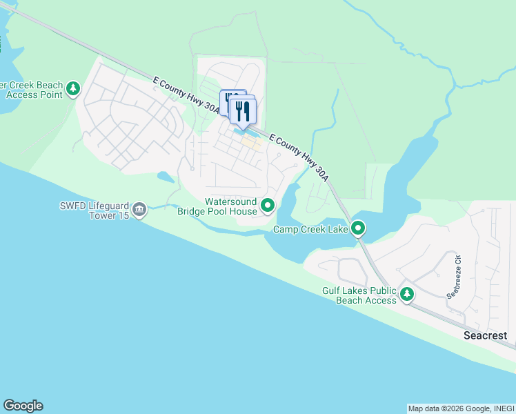 map of restaurants, bars, coffee shops, grocery stores, and more near 45 Tidal Bridge Way in Rosemary Beach
