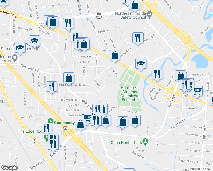 map of restaurants, bars, coffee shops, grocery stores, and more near 3696 Nicholas Circle South in Jacksonville