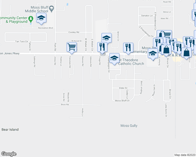 map of restaurants, bars, coffee shops, grocery stores, and more near 283 Fruge Road in Lake Charles