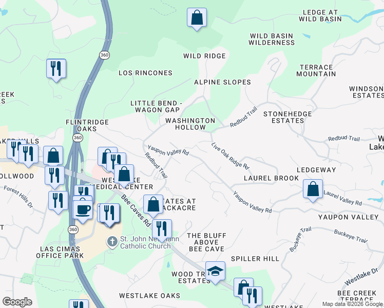 map of restaurants, bars, coffee shops, grocery stores, and more near 1206b Yaupon Valley Road in West Lake Hills