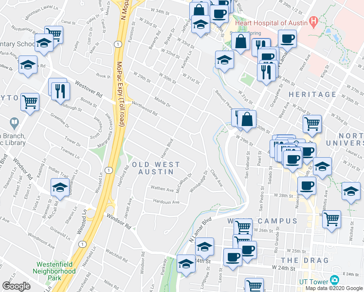 map of restaurants, bars, coffee shops, grocery stores, and more near 1407 Westover Rd in Austin