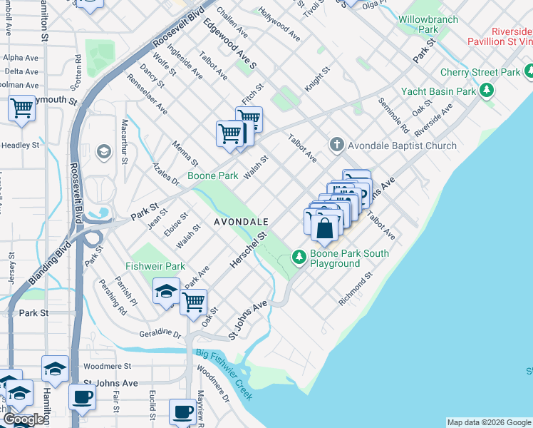 map of restaurants, bars, coffee shops, grocery stores, and more near 3665 Herschel Street in Jacksonville