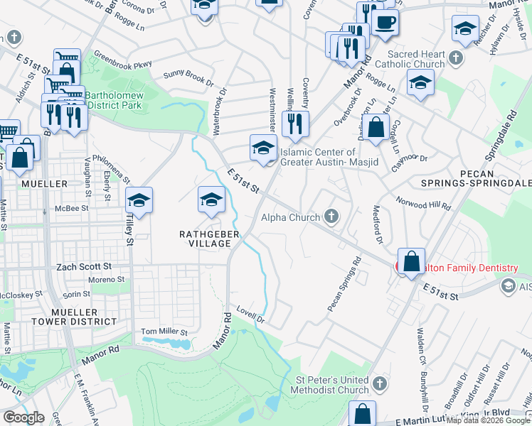 map of restaurants, bars, coffee shops, grocery stores, and more near 2506 Manor Circle in Austin