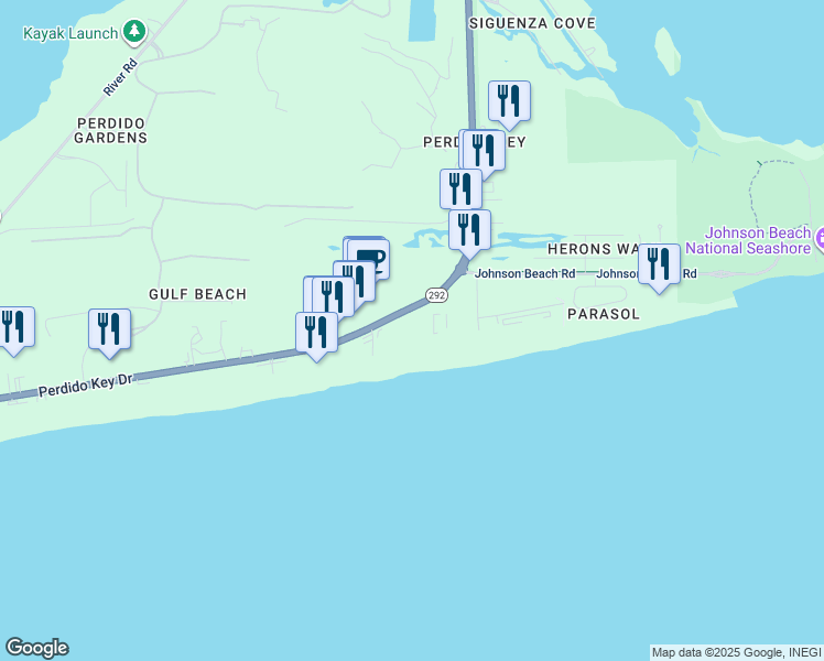 map of restaurants, bars, coffee shops, grocery stores, and more near 13621 Perdido Key Drive in Pensacola