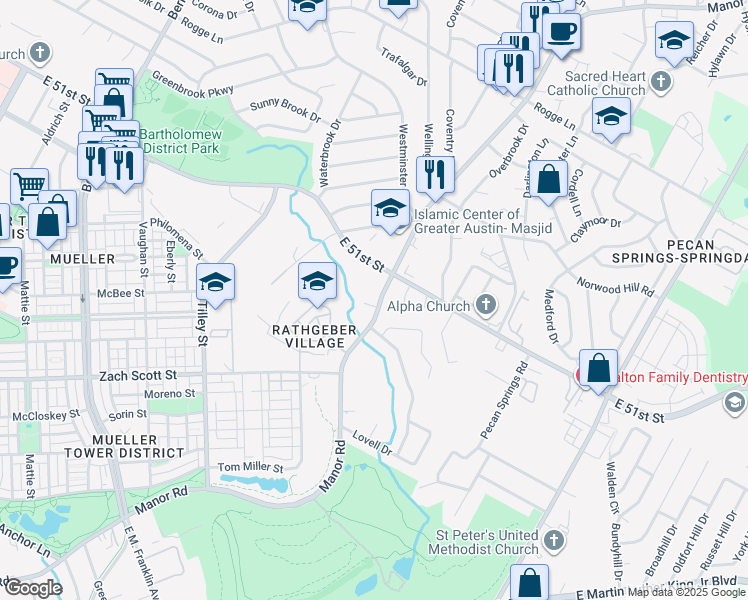 map of restaurants, bars, coffee shops, grocery stores, and more near 2506 Manor Circle in Austin