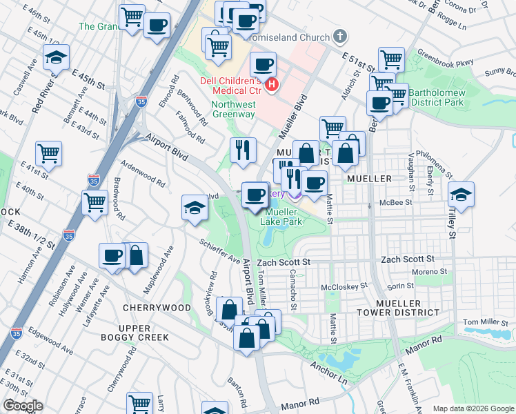 map of restaurants, bars, coffee shops, grocery stores, and more near 4550 Mueller Boulevard in Austin