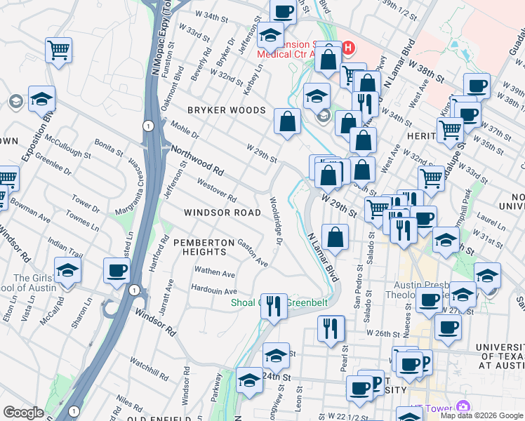 map of restaurants, bars, coffee shops, grocery stores, and more near 1314 Westover Road in Austin