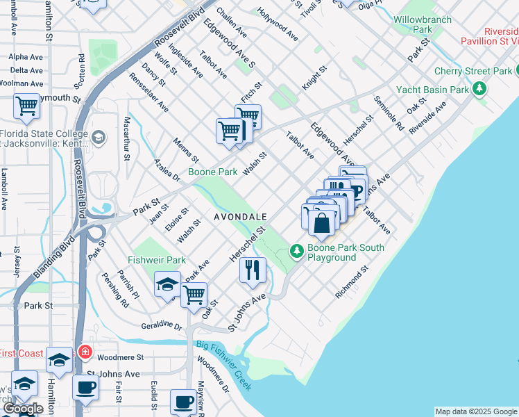 map of restaurants, bars, coffee shops, grocery stores, and more near 3688 Boone Park Ave in Jacksonville
