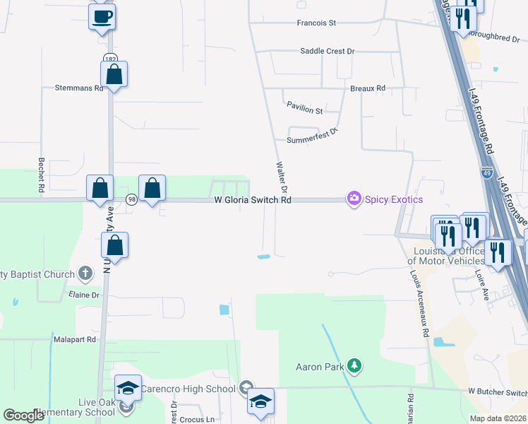 map of restaurants, bars, coffee shops, grocery stores, and more near 701 West Gloria Switch Road in Lafayette