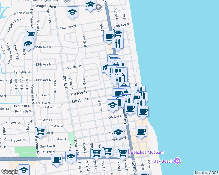 map of restaurants, bars, coffee shops, grocery stores, and more near 328 9th Avenue North in Jacksonville Beach