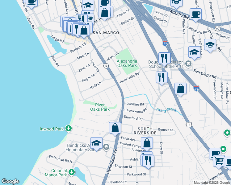 map of restaurants, bars, coffee shops, grocery stores, and more near 2750 Hendricks Avenue in Jacksonville