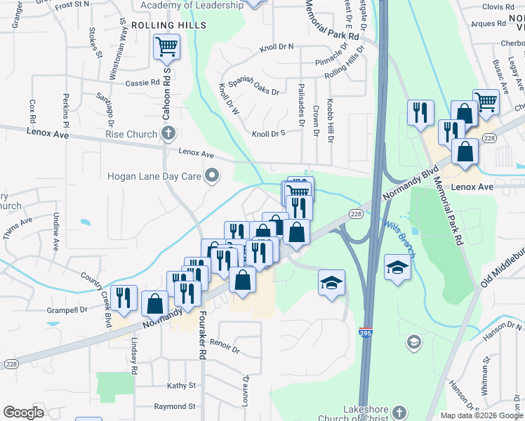 map of restaurants, bars, coffee shops, grocery stores, and more near 7777 Normandy Boulevard in Jacksonville