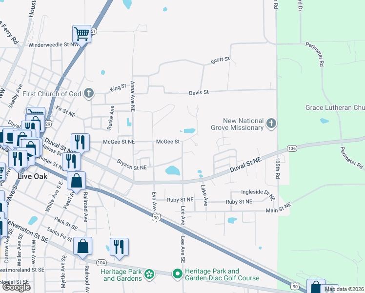 map of restaurants, bars, coffee shops, grocery stores, and more near 431 Lee Avenue in Live Oak