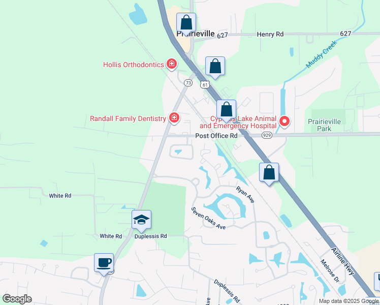 map of restaurants, bars, coffee shops, grocery stores, and more near 15432 Louisiana 73 in Prairieville