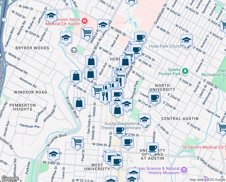 map of restaurants, bars, coffee shops, grocery stores, and more near 615 West 30th Street in Austin