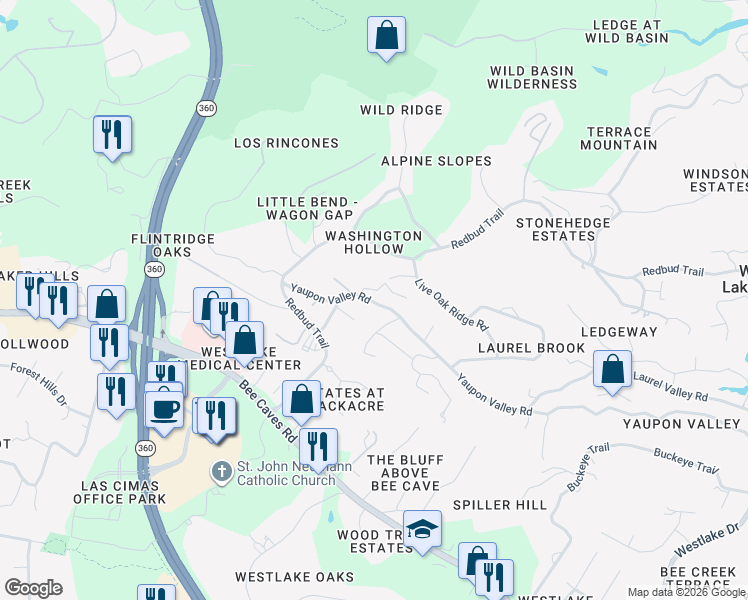 map of restaurants, bars, coffee shops, grocery stores, and more near 1206b Yaupon Valley Road in West Lake Hills