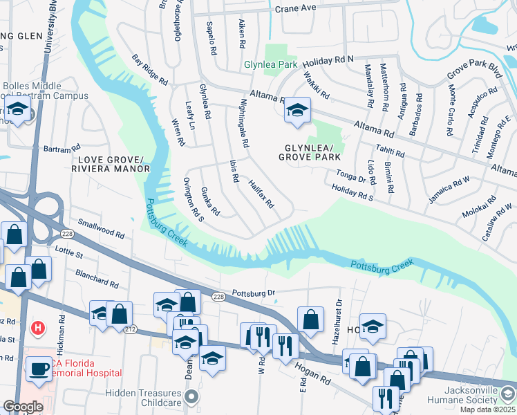 map of restaurants, bars, coffee shops, grocery stores, and more near 1201 Ibis Road in Jacksonville