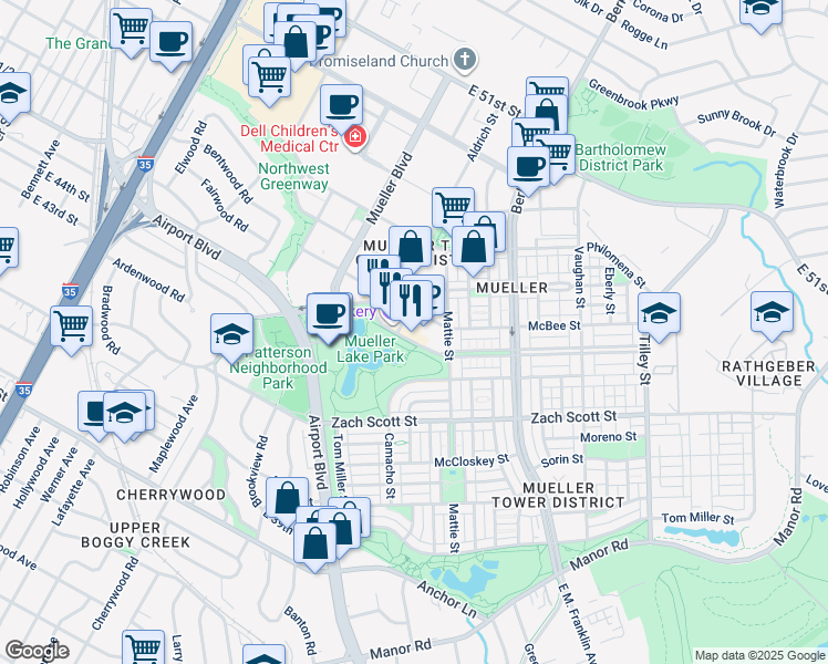 map of restaurants, bars, coffee shops, grocery stores, and more near 1900 Simond Avenue in Austin