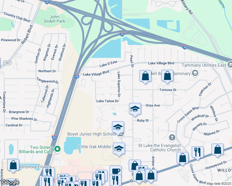 map of restaurants, bars, coffee shops, grocery stores, and more near 210 Lake Calcasrue Court in Slidell