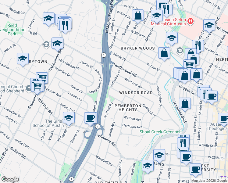 map of restaurants, bars, coffee shops, grocery stores, and more near 1607 Gaston Avenue in Austin