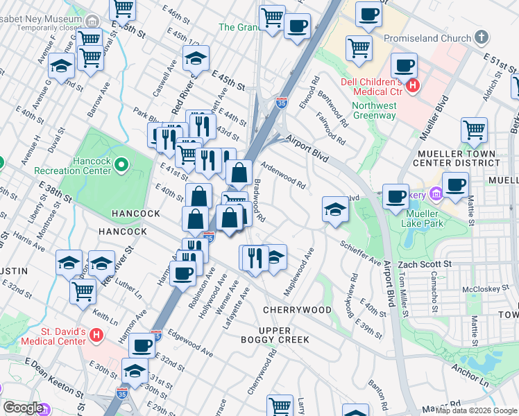 map of restaurants, bars, coffee shops, grocery stores, and more near 1201 Wilshire Boulevard in Austin