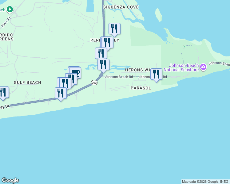 map of restaurants, bars, coffee shops, grocery stores, and more near 13575 Sandy Key Drive in Pensacola