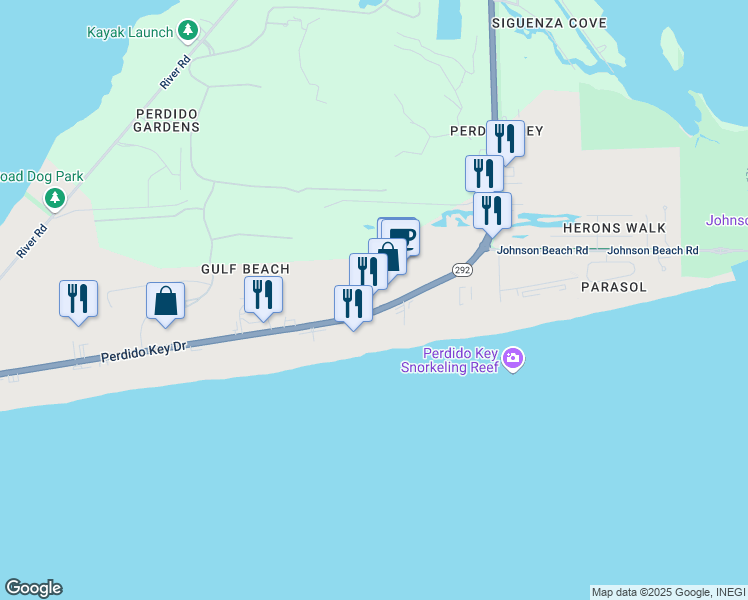 map of restaurants, bars, coffee shops, grocery stores, and more near 13810 Perdido Key Drive in Pensacola