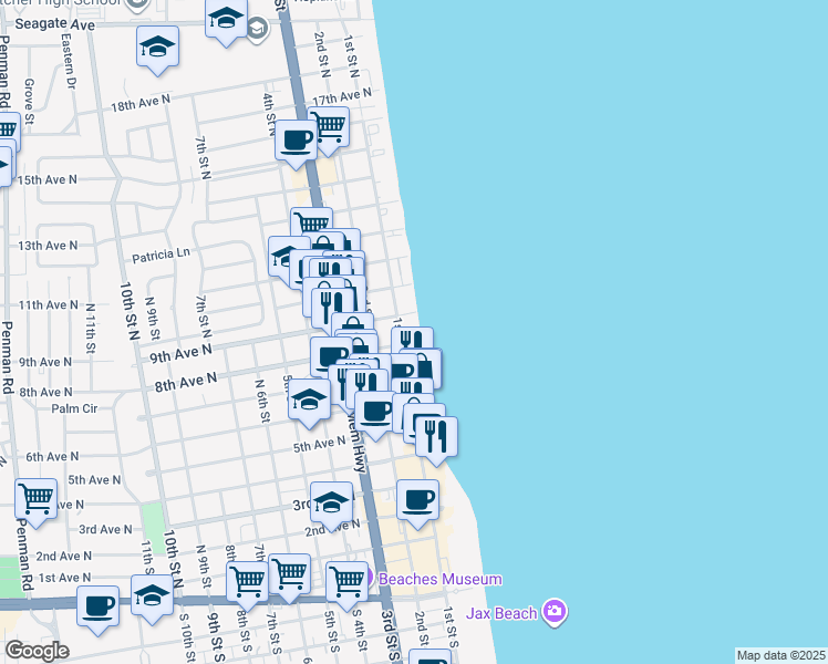 map of restaurants, bars, coffee shops, grocery stores, and more near 917 1st Street North in Jacksonville Beach