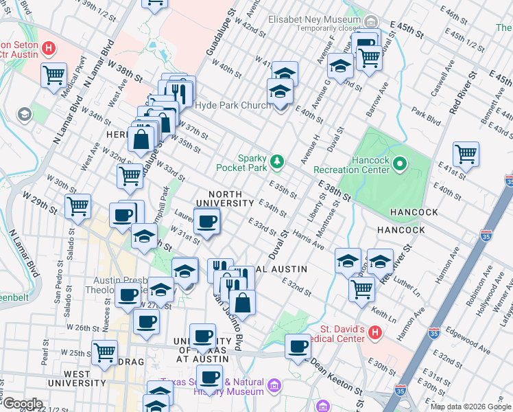 map of restaurants, bars, coffee shops, grocery stores, and more near 301 East 34th Street in Austin
