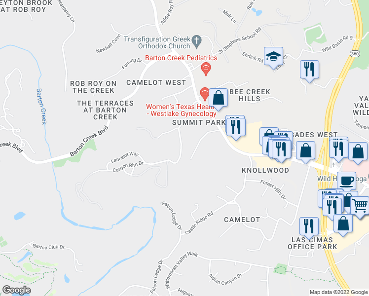 map of restaurants, bars, coffee shops, grocery stores, and more near 333 Canyon Rim Drive in Austin