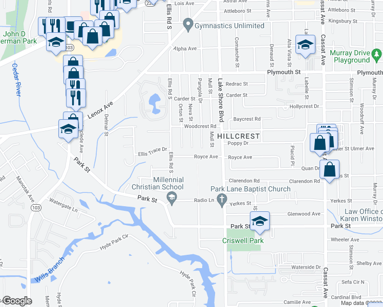 map of restaurants, bars, coffee shops, grocery stores, and more near 5503 Royce Avenue in Jacksonville