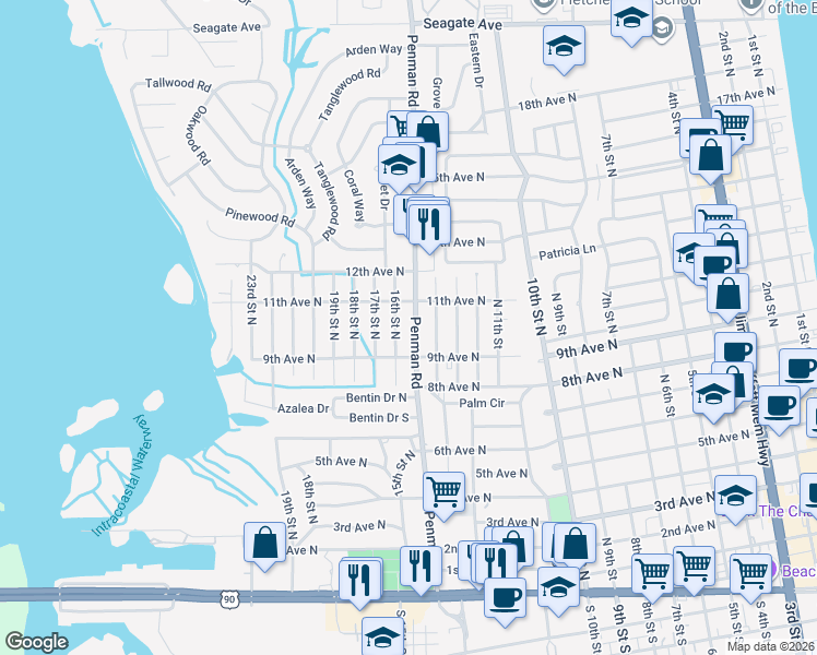 map of restaurants, bars, coffee shops, grocery stores, and more near 1038 Penman Road in Jacksonville Beach