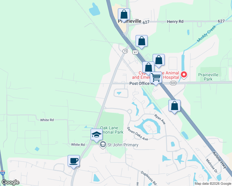 map of restaurants, bars, coffee shops, grocery stores, and more near 15432 Louisiana 73 in Prairieville