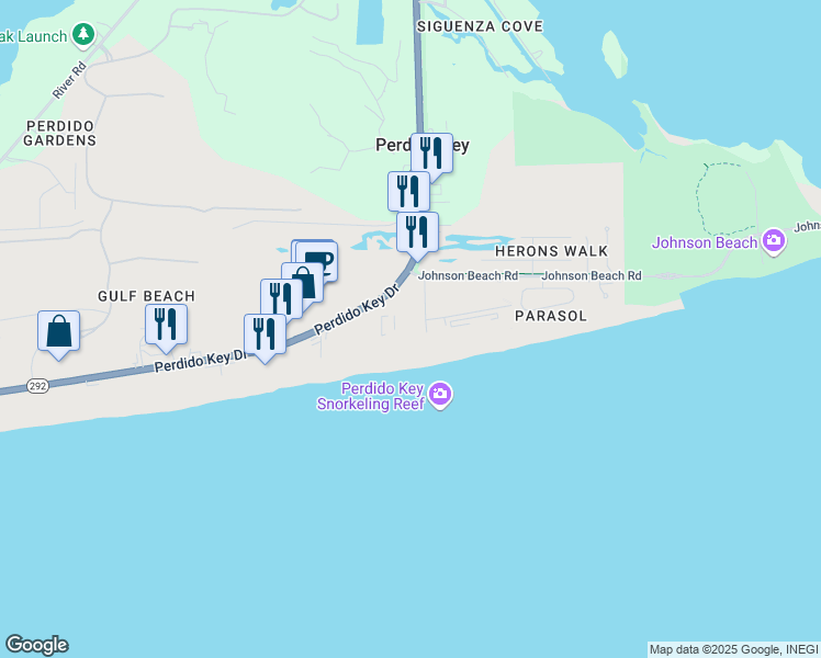 map of restaurants, bars, coffee shops, grocery stores, and more near 13597 Perdido Key Drive in Pensacola