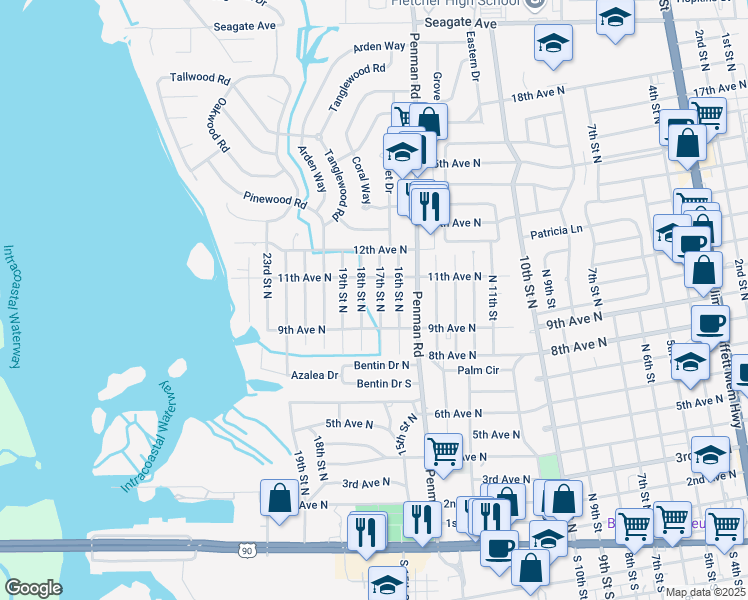 map of restaurants, bars, coffee shops, grocery stores, and more near in Jacksonville Beach