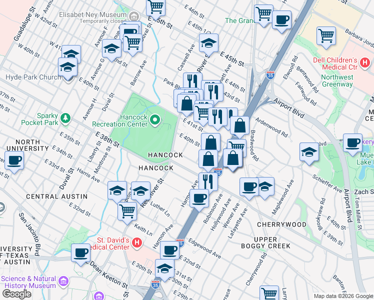 map of restaurants, bars, coffee shops, grocery stores, and more near 3901 Becker Avenue in Austin