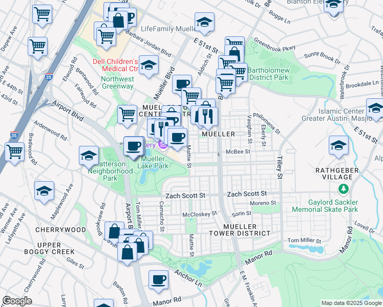 map of restaurants, bars, coffee shops, grocery stores, and more near McBee Street in Austin