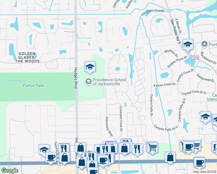 map of restaurants, bars, coffee shops, grocery stores, and more near 2897 Discovery Way in Jacksonville