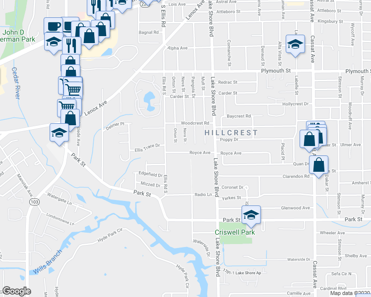 map of restaurants, bars, coffee shops, grocery stores, and more near 5456 Royce Avenue in Jacksonville
