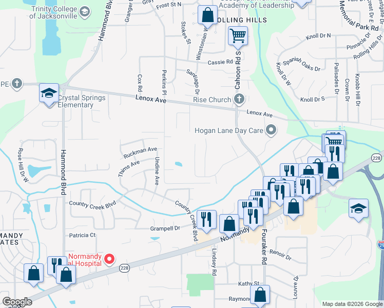 map of restaurants, bars, coffee shops, grocery stores, and more near 8304 Fouraker Forest Road in Jacksonville