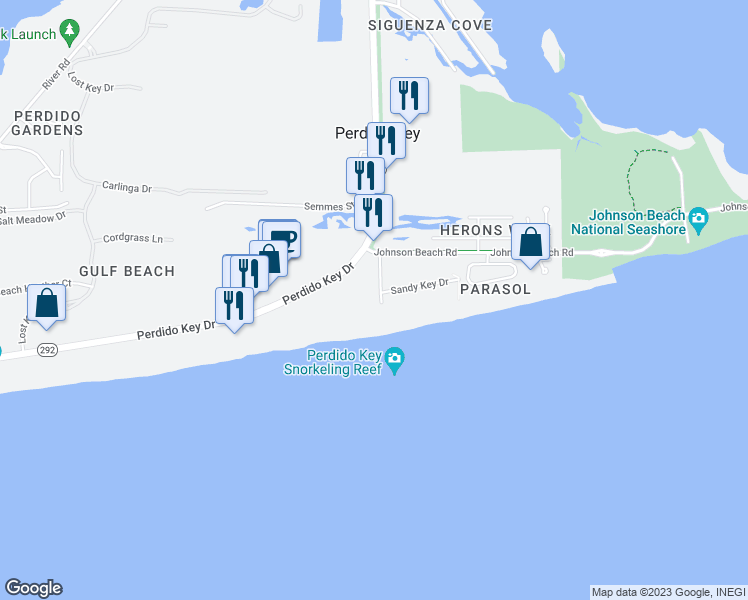 map of restaurants, bars, coffee shops, grocery stores, and more near 13597 Perdido Key Drive in Pensacola